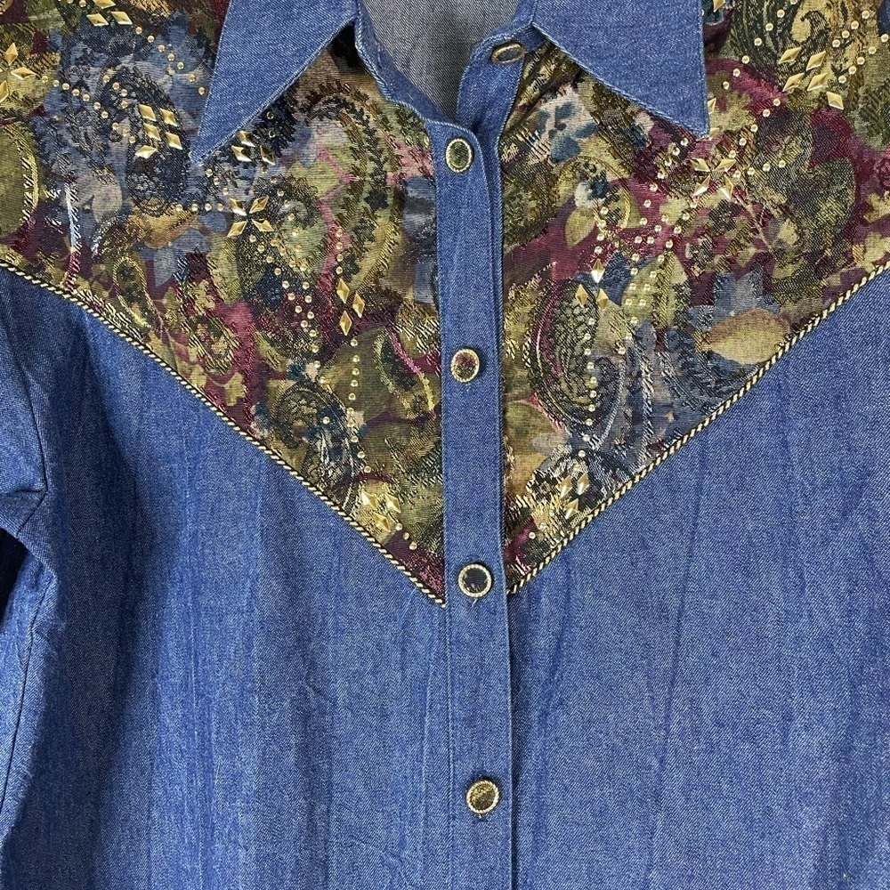 Vintage Denim Tapestry Patchwork Button Shirt - image 3